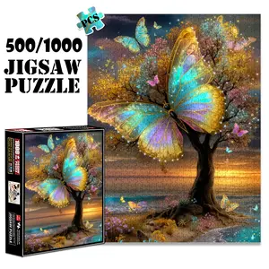 1pc 1000 piece adult puzzle 70x50cm Giant Colorful Butterfly by Tree with Smaller Butterflies by Seashore 500 pieces paper jigsaw puzzle suitable for DIY creative games for adults and families, birth Montessori Puzzles Gift