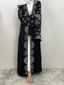Arabic Clothing-Women's Rhinestone Decor Belted Traditional Abaya without inner Dress, Modest Open Front Long Sleeve Outerwear for Daily Wear, Women's Islamic Clothing for All Seasons