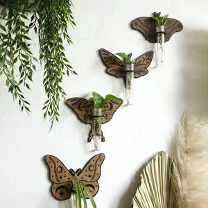 Bohemian Style Hollow Butterfly Wooden Plant Stand, Creative Wall-Mounted Hydroponic Planter, Home Decor for Living Room, Bedroom, Office, Floral Butterfly Design