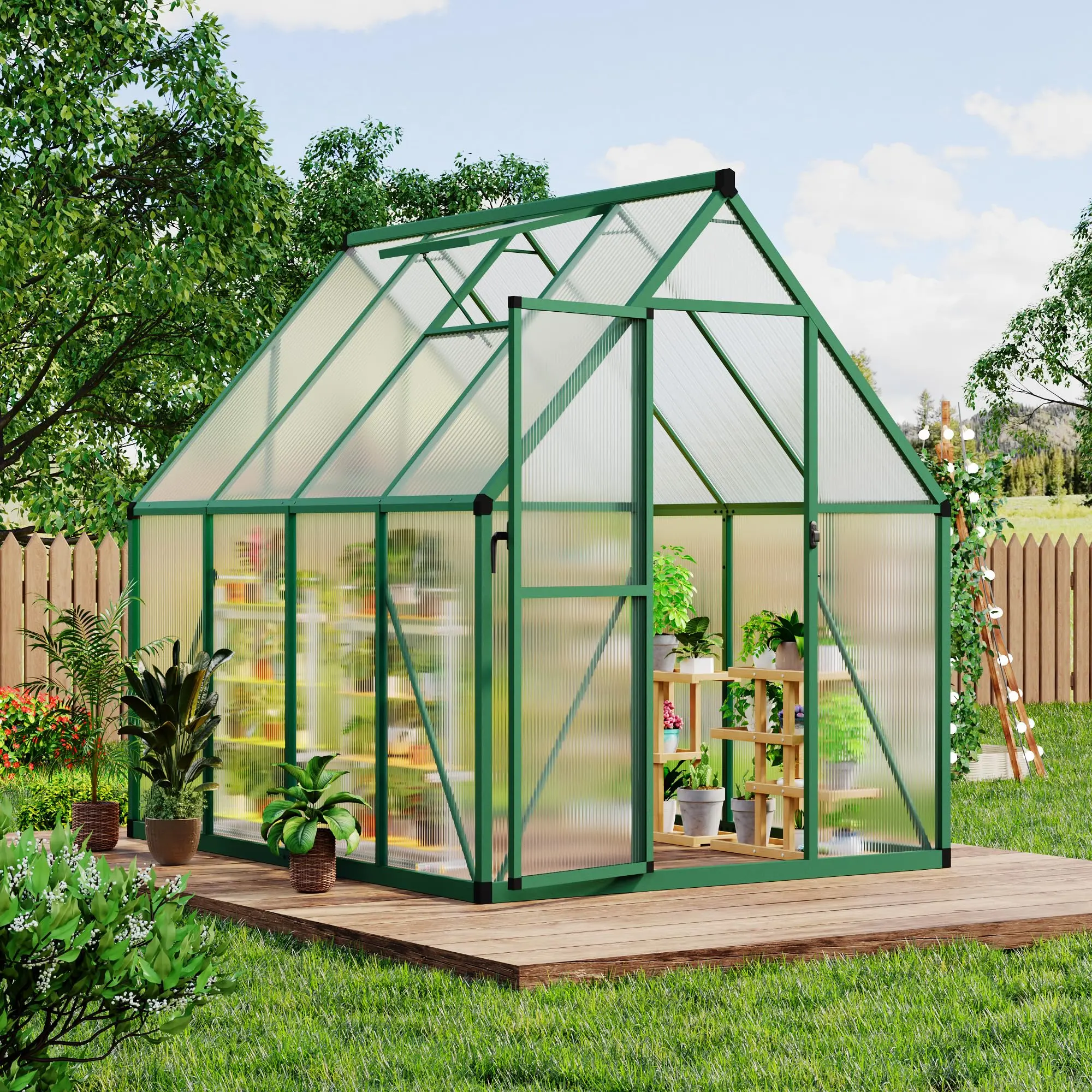 Garvee 6x7 FT Outdoor Polycarbonate Greenhouse with Aluminum Frame, UV-Protective Panels, Roof Vent, Ground Nails, Lockable Sliding Door, 8x12 ft Compatibility, 40% Faster Quick-Slide Setup, Ventilation Control for Garden Backyard, Uv Protection, 8X12 Foo