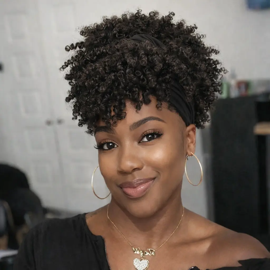 VOSILK Afro Black Headband Wig Short Afro Wigs for Black Women Synthetic Kinky Curly Headband Wig with Bangs for Women Natural Afro Puff with Bangs Turban  Wig Curly Afro Wig 8inch Synthetic Curly Hair Machine Made Wig