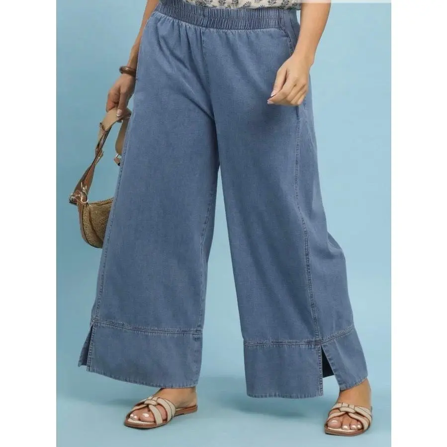 Casual Basic Baggy Bottom, Stonewashed Wide Leg Denim with Contrast Stitching Pockets and an Elastic Waistband, Jeans, Loose-Fitting, Elastic Band, Stonewash Denim, Side Pockets, Oversized, Relaxed Jeans, Baggy Wide Leg Jeans