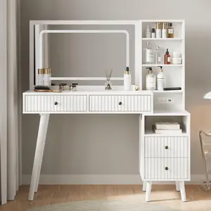 RoyalCraft L 48" Fluted Makeup Vanity Desk with Big mirror and Lights, White Vanity Table with Outlet and 3 Lighting Colors Touch Control,Large Vanity with 4 Drawers, Modern Dressing Table for Bedroom