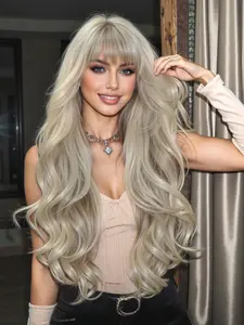 30 Inch Long Wave Platinum Color Soft Synthetic Hair Wig with Bangs, Synthetic Fiber Wig, Realistic Synthetic Hair for Everyday Wear, Comfortable Fit for All Occasions, Synthetic Curly Wigs, Curly Wavy Wig