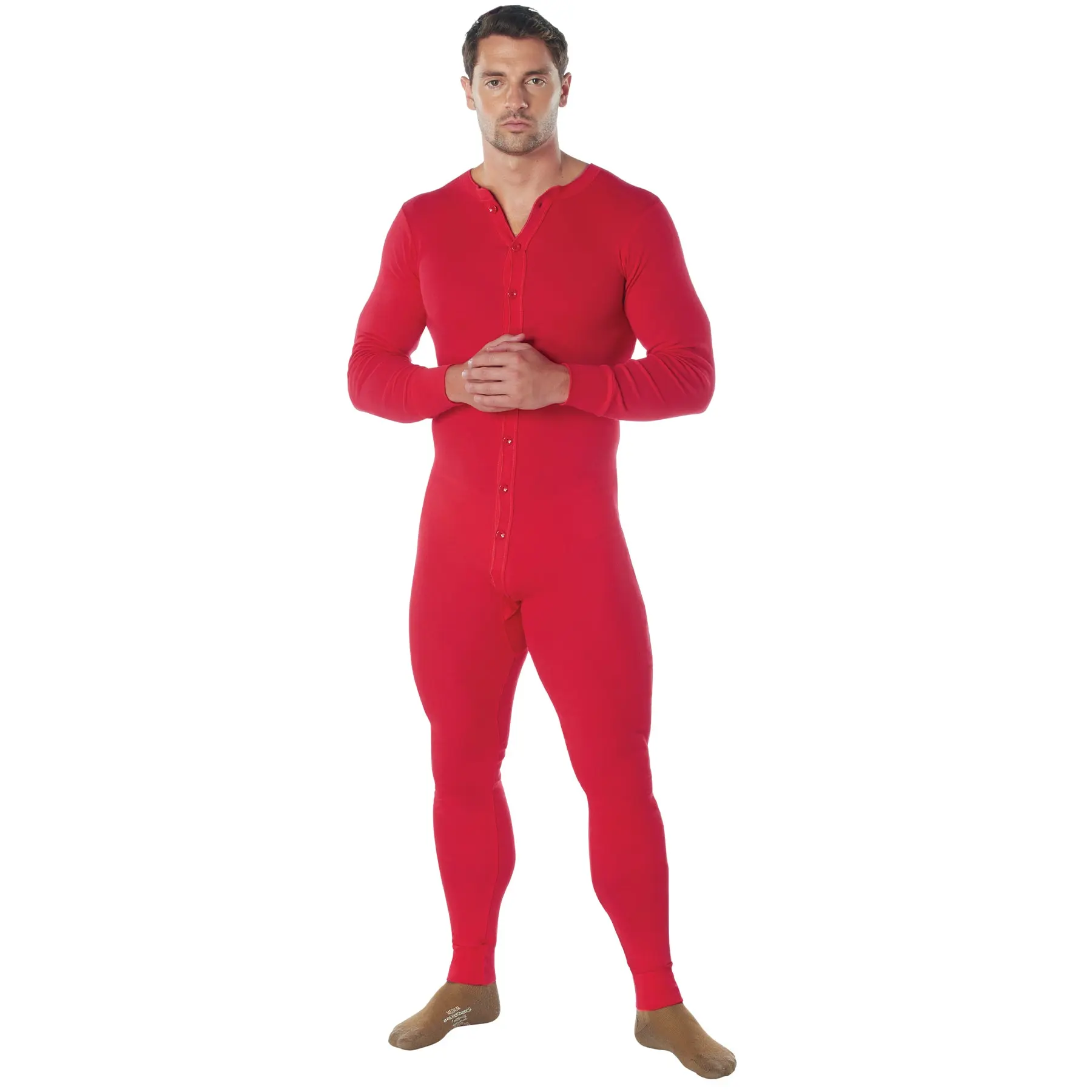 Red Cotton Union Suit Classic One-Piece Thermal Long Johns with Rear Flap