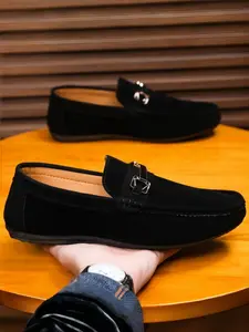 Men's Khaki Suede Metal Buckle Loafers: Soft-Sole Anti-Slip + Slip-On Design, Daily Commute Versatile Casual Shoes