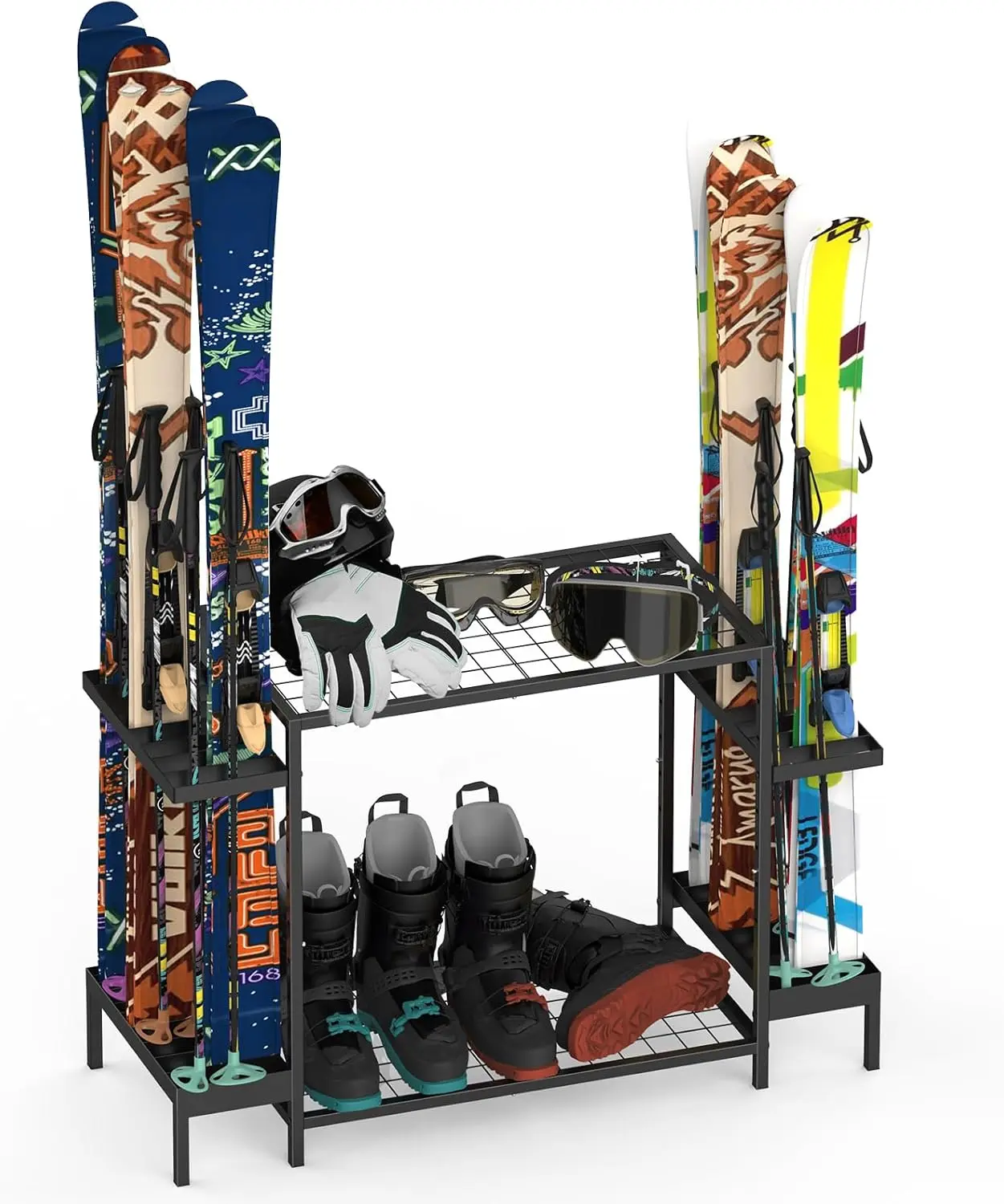 Sturdy Durable Freestanding Ski and Snowboard Rack - Cross-Country Ski Compatible Design, Holds 6 Pairs, All-Season Convertible Sports Gear Station with Chalet Indoor Accessory Tray, Side Compartments, Heavy Load Mesh Boot Storage Shelf for Home/Garage