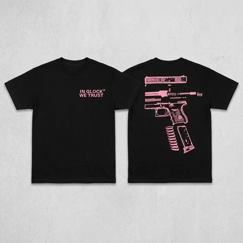 Men's "In Glock We Trust" Graphic T-Shirt - Tactical Exploded View Design, Black Streetwear Top, Casual Short-Sleeve Menswear Tshirt