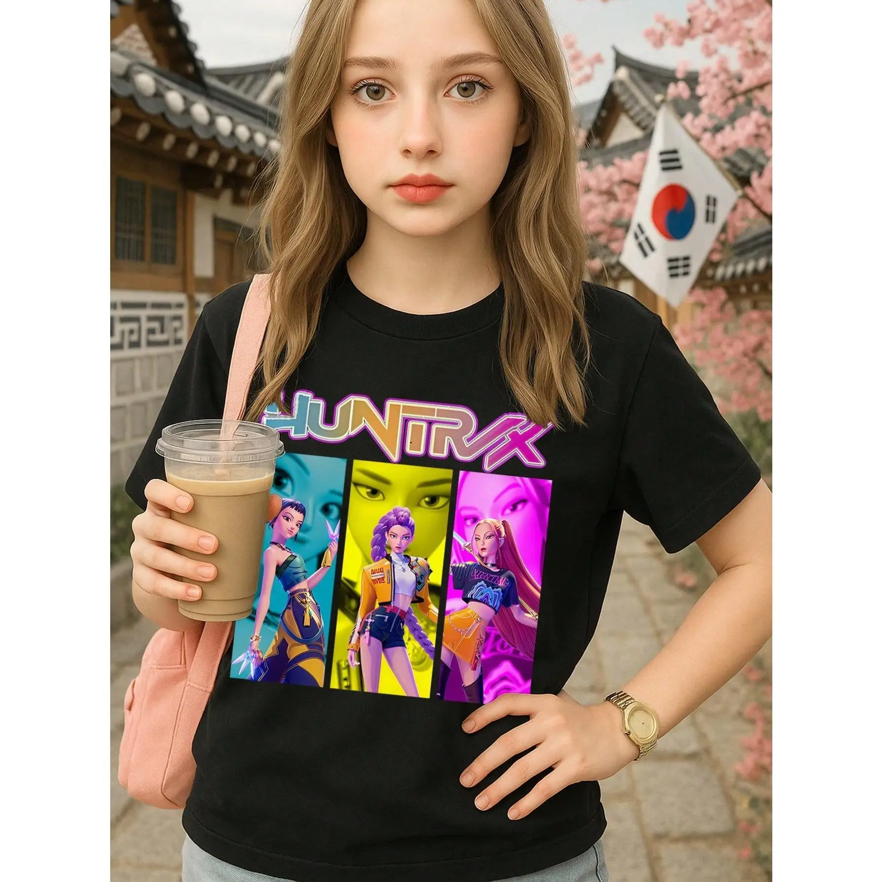 Young Girl's/Boy's KPOP Demon Hunters Y2K 100% Cotton Graphic Tees "HUNTR/X" Rumi&Zoey&Mira Back To School Clothes Girls Black Round Neck Letter Print