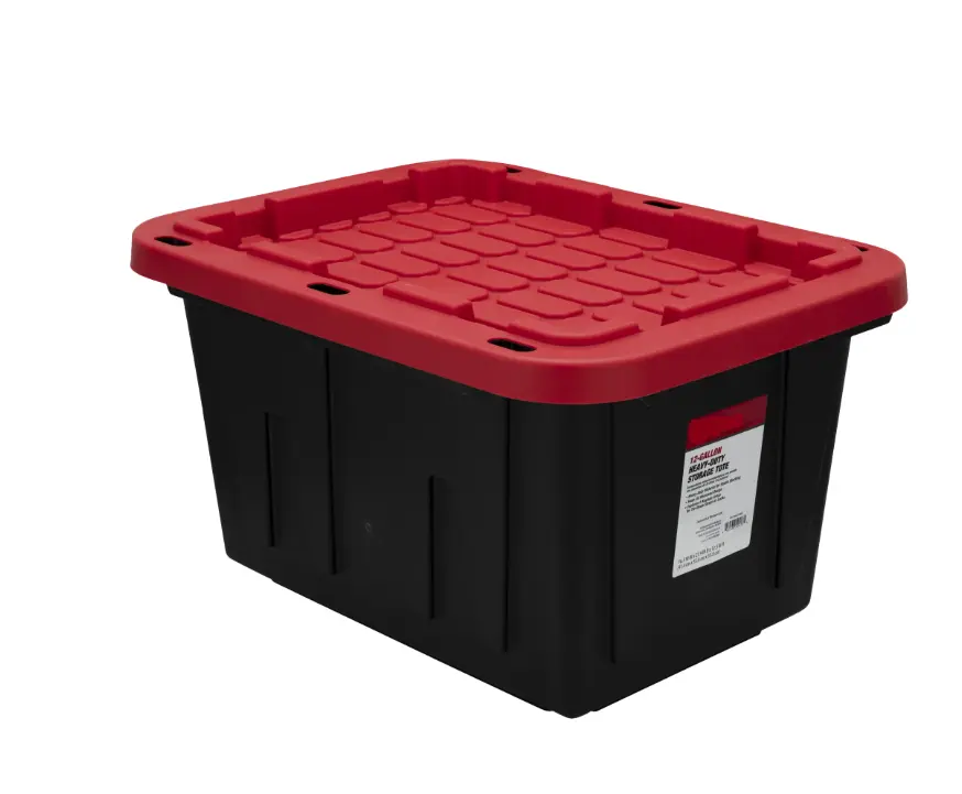 Small Storage Container 12 Gallon Plastic Storage Container with Snap-On Lid, Black and Red