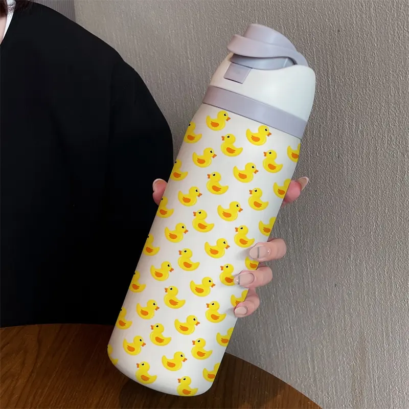 32oz Cute Duck Dual-Drink Sports Water Bottle Tumbler, Vacuum Flasks, Stainless Steel Vacuum Insulated, Large Capacity Fruit Cup, Perfect Gift for Women, Insulated Travel Drinkware