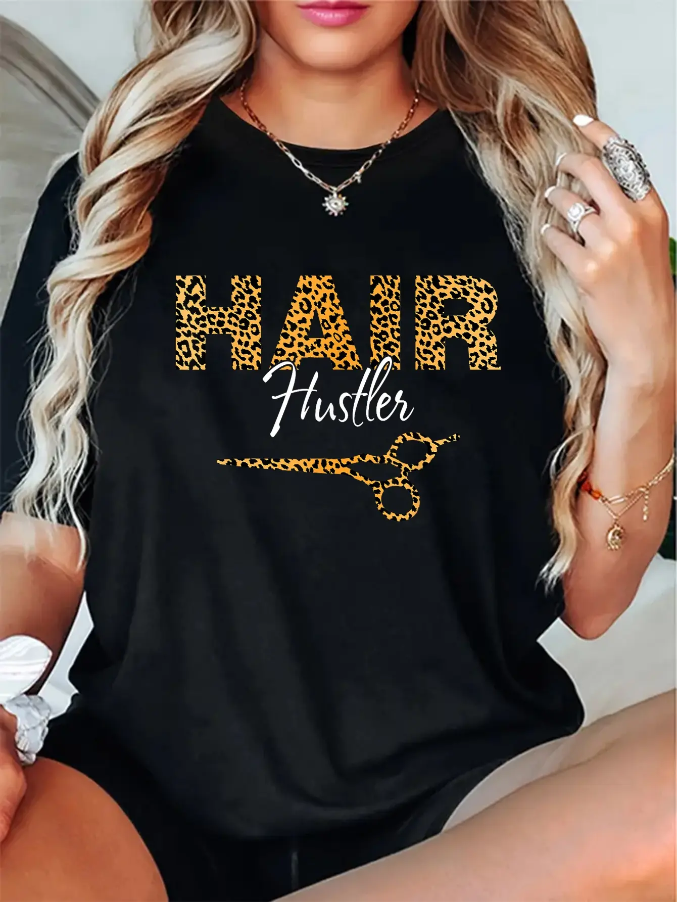 100% Cotton Hair Hustler Funny Hairstylist Hairdresser Leopard Scissors T-Shirt