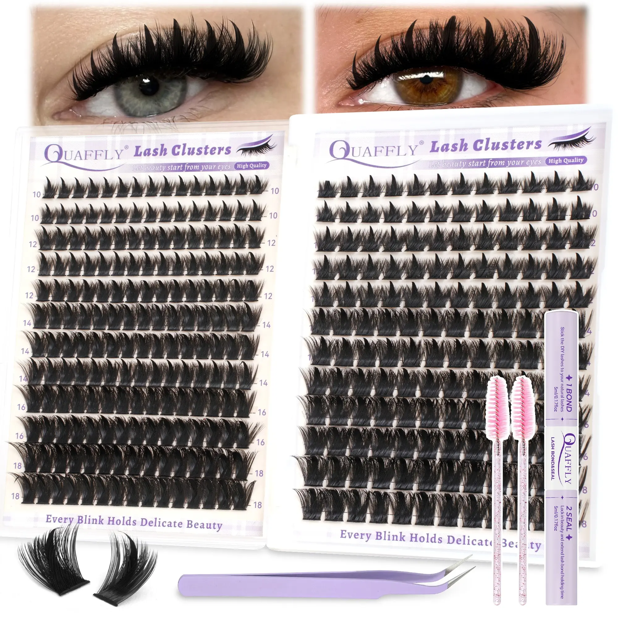 QUAFFLY Lash Clusters Kit 120+150D 324Pcs D Curl Volume & Manga Eyelash Clusters Kit 10-18MM DIY Thick Lash Extensions Kit With Lash Bond&Seal Tweezers Brush*2 for Beginners Beauty Tools Kit Eyelashes Extension Set