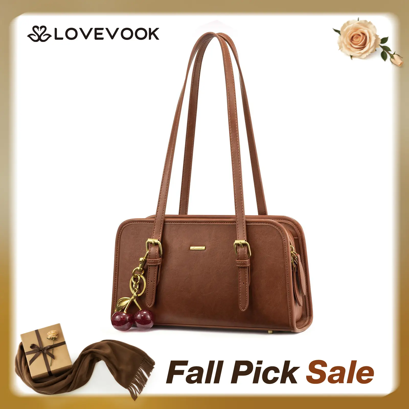 LOVEVOOK Swing Zip Shoulder Bag Small Purses for Women Trendy Handbags Mini Vintage Hobo Clutch with Cherry Pendant Lightweight Retro and Elegant Suitable for Daily Outings Shopping and Leisure TikTokShopBackToSchool