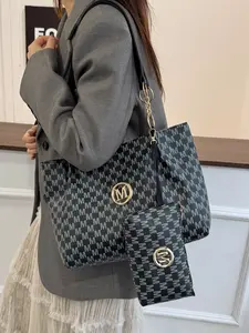 Women's Letter Pattern Stylish Tote Bag Set, Large Capacity Shoulder Bag with Detachable Pouch, Fashionable Bags, Lightweight PU Leather Handbag