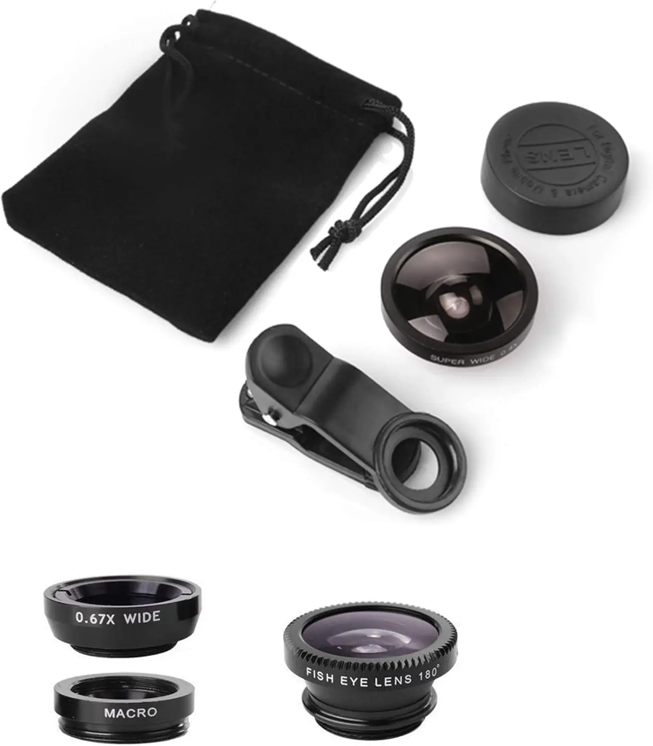Portable 3-In-1 Phone Lens Kit for iPhone & Android, Macro + Fisheye + 180° Wide Angle, Clip-On Smartphone Accessories for Photography & Selfies