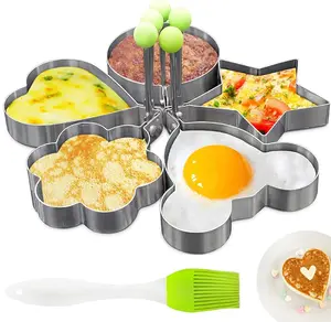 Stainless Steel Egg Frying Pan Set with 5 Shapes Heart Star Round Mickey Mouse Flower for Breakfast Sandwiches Pancakes Easy Clean Kitchen Utensils with Silicone Brush