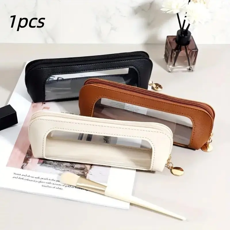 Portable Cosmetic Storage Clear Makeup Bag with Brush Holder, Travel Lipstick Pouch, Wallet Size, Transparent Window, Zipper Closure, Elegant Design, Zipper Makeup Organizer, Beauty Cosmetics Organizer