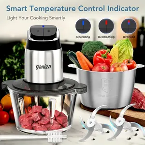 Ganiza Food Processor - 8-Cup Glass Bowl, 8-Cup Stainless Steel 2-Speed Chopper, Meat Grinder, Kitchen Vegetable Slicer/Cutter, Upgraded Buttons, Smart Overheat Protection Light, 2 Blade Sets, Clean Brush, Kitchen Appliance