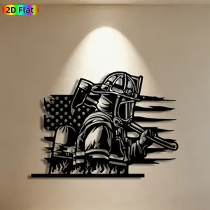 1pc Firefighter & American Flag Metal Wall Art & Decor, Modern Design, Heroic Firefighter Statue Mural, Gift for Memorial Day, Veterans Day, Patriotic Decor Enthusiasts, Decoration, For Garage & Patio, Meaningful Tribute to First Responders