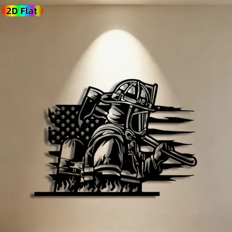 1pc Firefighter & American Flag Metal Wall Art & Decor, Modern Design, Heroic Firefighter Statue Mural, Gift for Memorial Day, Veterans Day, Patriotic Decor Enthusiasts, Decoration Items, For Garage & Patio, Meaningful Tribute to First Responders