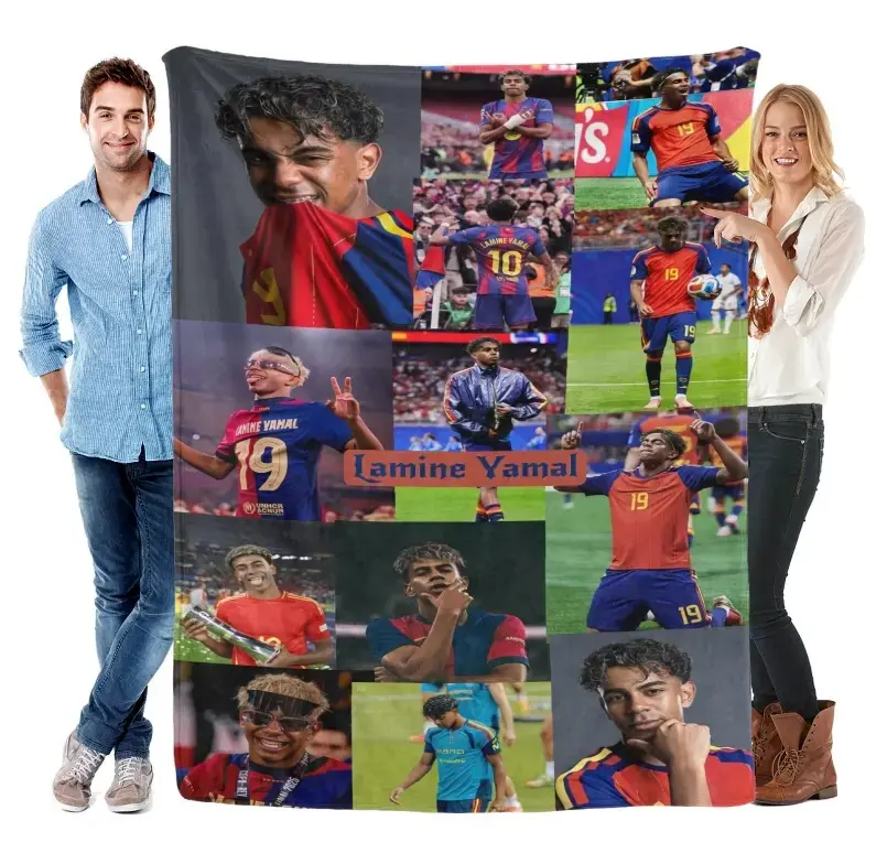 Lamine Yamal Photo Collage Throw Blanket, Barcelona Spain Football Star Flannel Blanket Sports Fan Bedroom Home Decor Birthday Gift Flash Sale Home Accessory