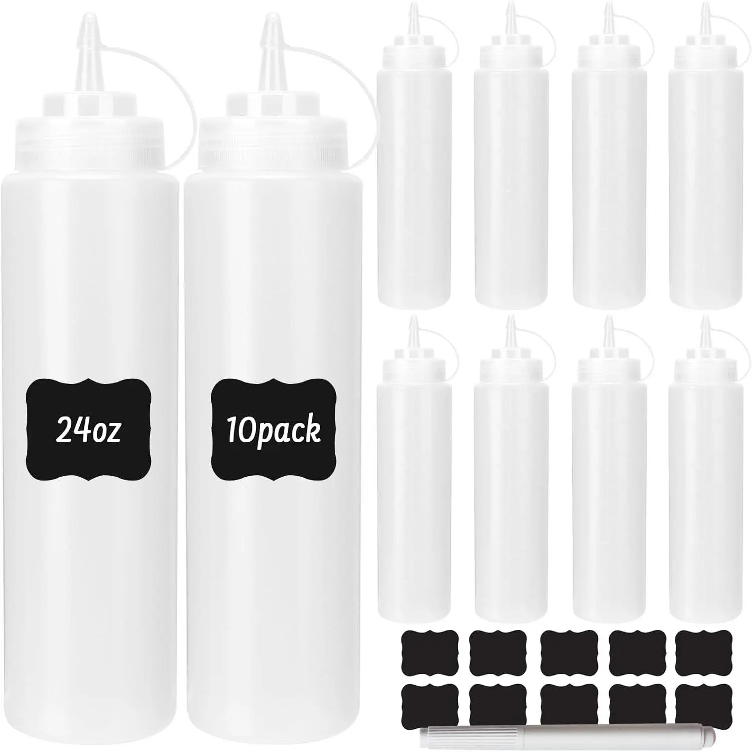 24 oz Plastic Squeeze Bottles, 10 Pack Clear Condiment Squeeze Bottles with Tethered Caps, Ketchup Bottles for Sauces,  for Condiments, Oil, Icing, Liquids, with 10 Stickers and 1 Pen