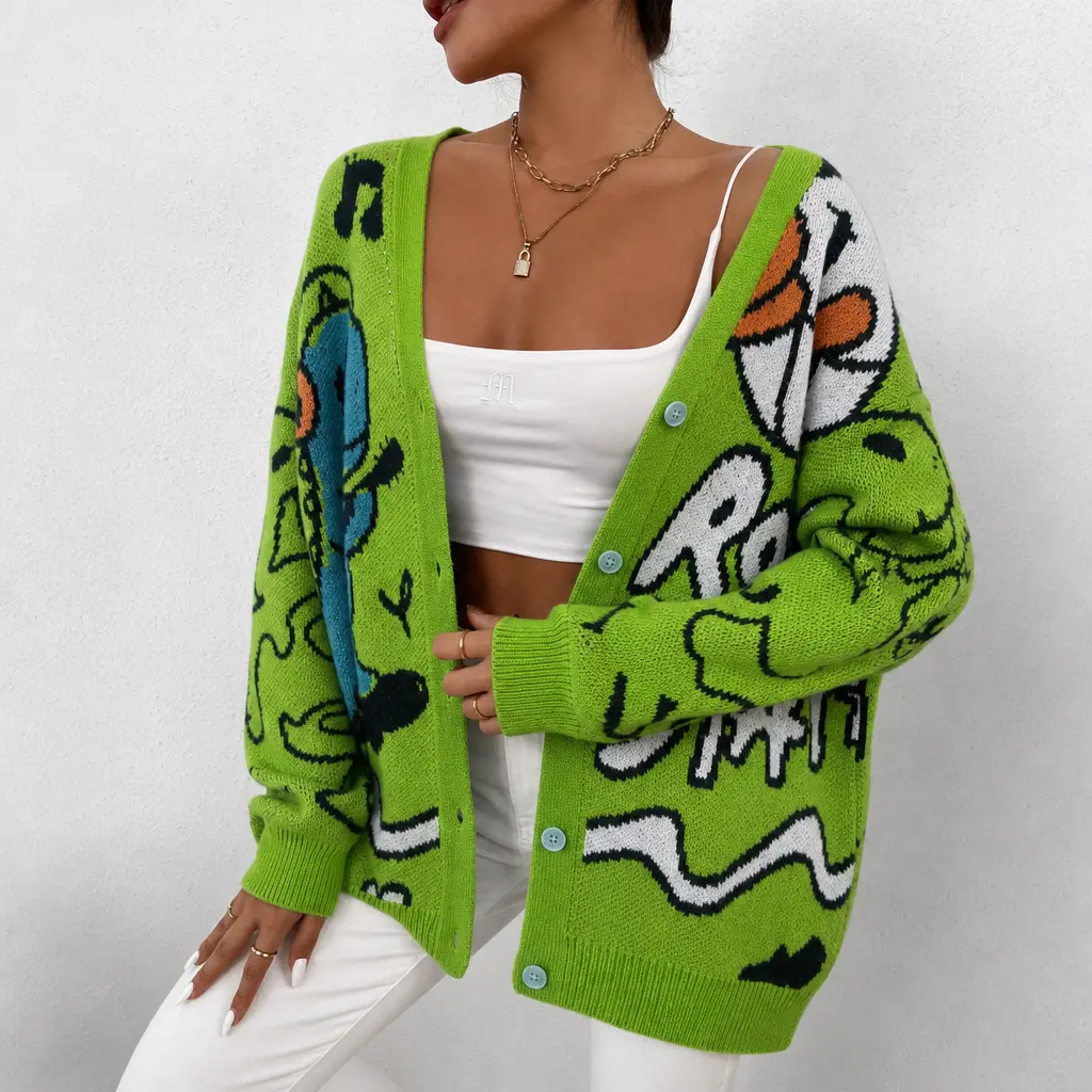 Women's Bright Green Dinosaur Graphic Knit Cardigan, Rock Star V Neck Button Front Sweater, Oversized Long Sleeve Statement Layering Top, Y2K Kidcore Dopamine Dressing, Kawaii Streetwear, Cozy Fall Outfit, Preppy College Casual Sweater Jacket