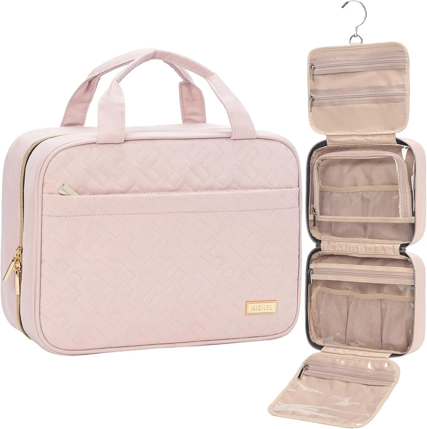 NISHEL Travel Toiletry Bag for women, Portable Hanging Organizer for Travel-Sized Shampoo, Conditioner, Brushes Set, makeup Accessories, Medium Size, Pink