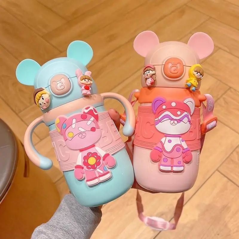 Magic Bear children's thermos cup infant sippy cup learning drinking cup handle lanyard interchangeable 316 stainless steel 350ml