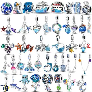 HAPI 925 Sterling Silver Sea Turtle Starfish Blue Charm Dolphin Octopus Shell Bead For Original Charms Bracelets Ocean Jewelry
