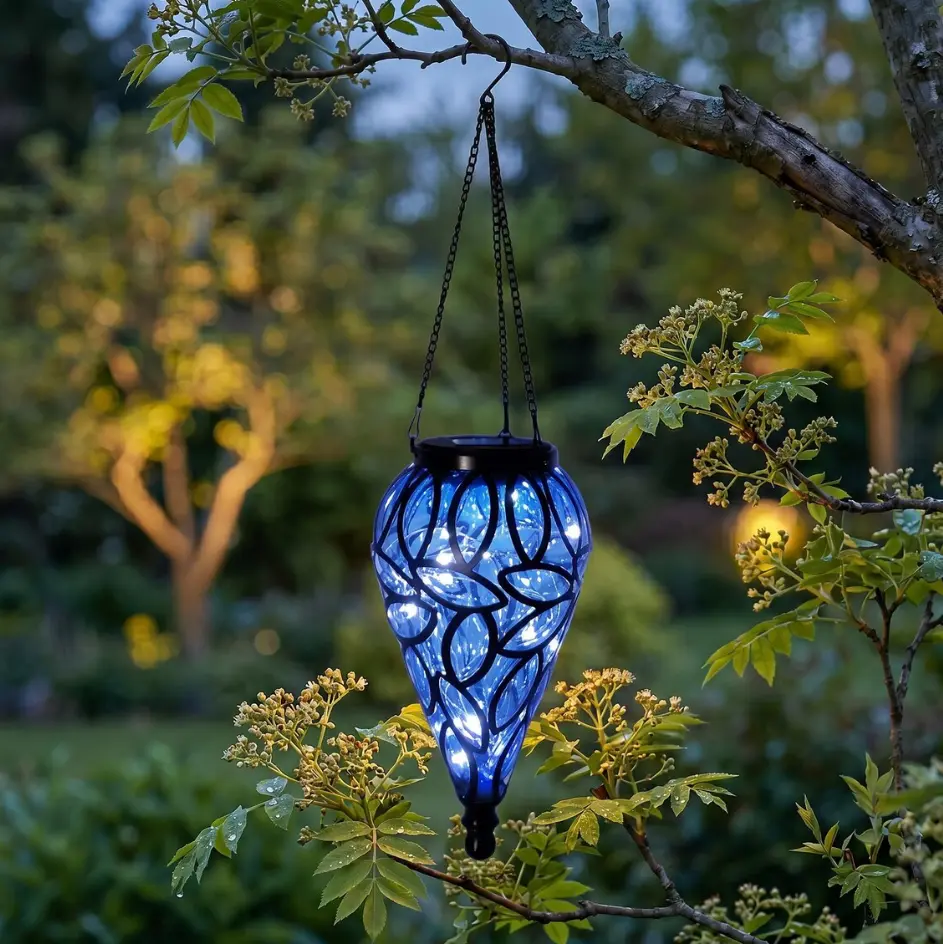Solar Garden Lantern Hanging Outdoor Lights, Decorative Metal Blue Glow Lamp for Patio, Yard, Pathway, Waterproof LED Solar Powered Pathway Lighting for Backyard Decor, Auto On/Off Eco-Friendly Landscape Light for Garden Ambiance