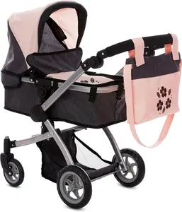 Dolls To Play Baby Doll Convertible Pram Stroller for Kids – Adjustable Handle Foldable Doll Buggy with Canopy, Storage Basket & Diaper Bag – Pink & Black Pretend Play Stroller for Girls Ages 3+