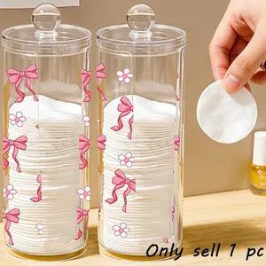 Bow Flower Pattern Transparent Cotton Pad Box, Cylindrical Canister Container Large Capacity Storage, Washable & Easy to Clean, Ideal for Beauty Tools