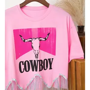 PINK COWBOY FRINGE GRAPHIC TEE  Womenswear Tshirt Summer Top Crewneck Streetwear crop top Casual Fashion Piece