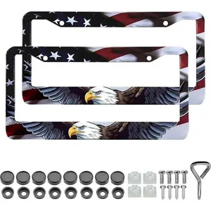 Eagle License Plate Frame Brackets - 2-Pack Patriotic Universal Aluminum Matte Stripe Design American Flag Gloss License Plate Frame Cover with Screw Fastener Cover Gift Car Accessories Truck - Vehicle