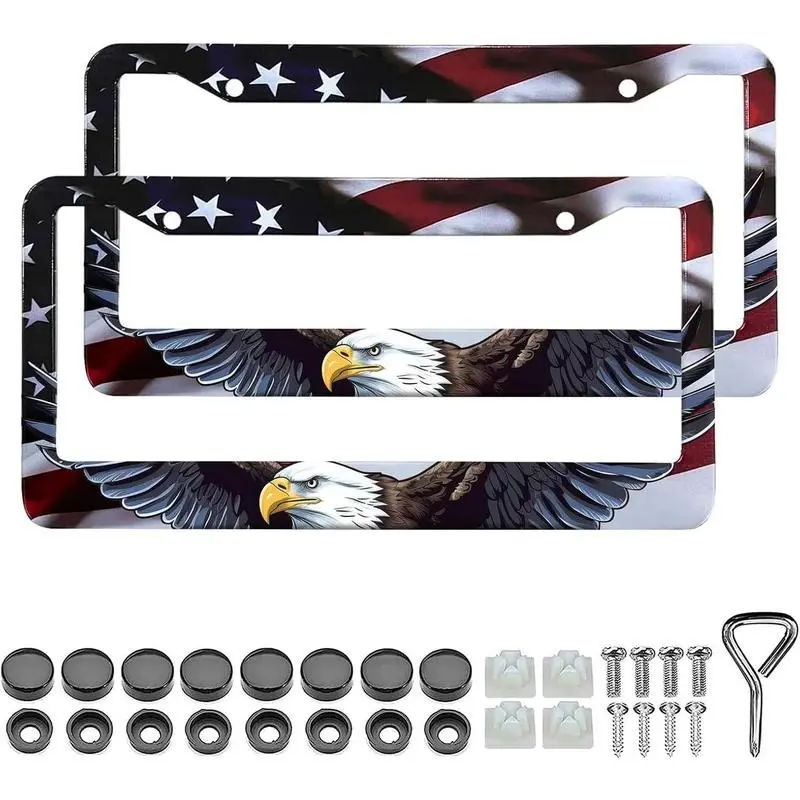 Automotive Patriotic License Plate Frame Brackets - 2-Pack Universal Aluminum Matte Stripe Design, American Flag Gloss Cover with Screw Fastener Cover, Car Truck Accessories Gift