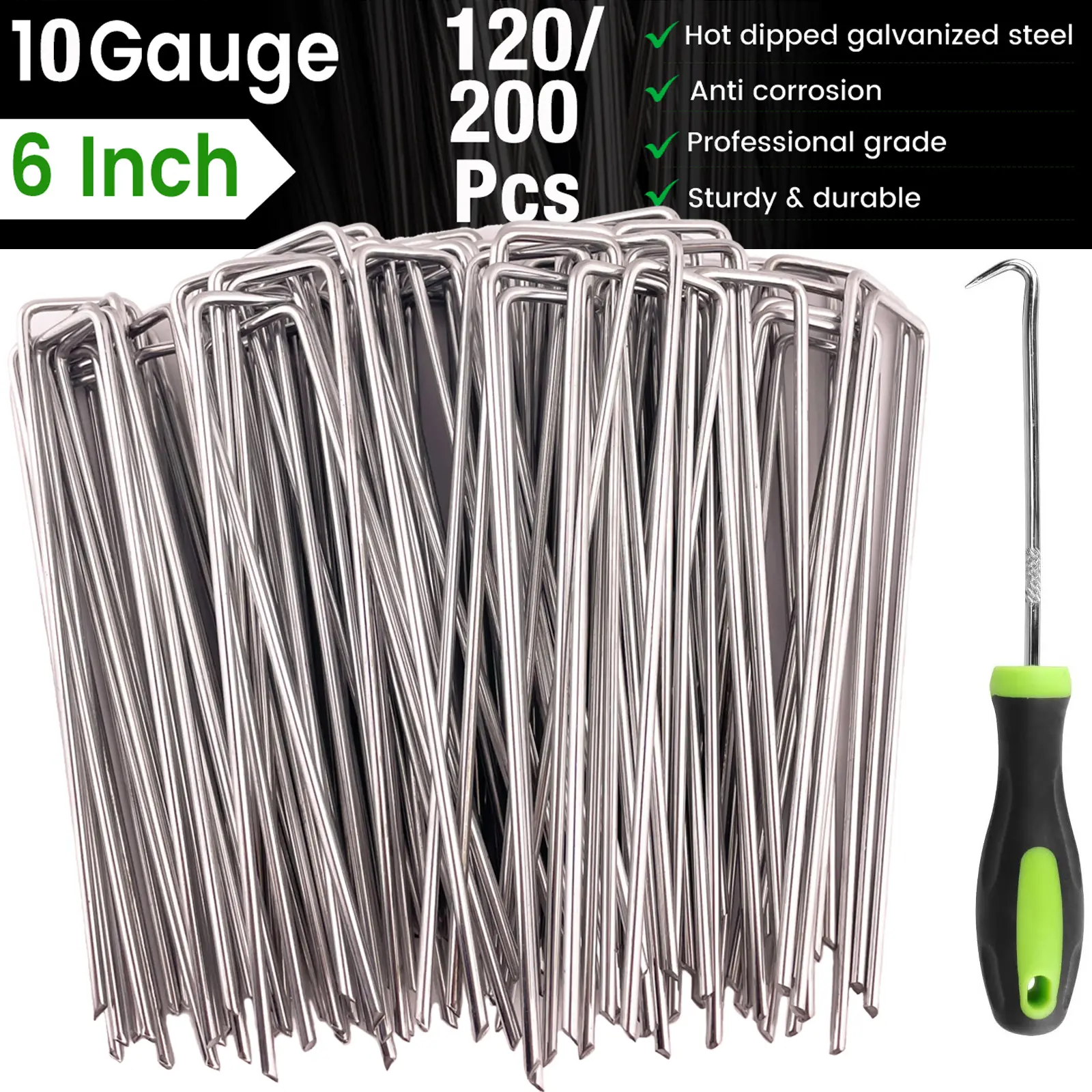 WOEDEN 6 in Galvanized 10 Gauge U-Shaped Landscape Staples - Durable, Heavy Duty Weed Barrier Fabric Plant Care & Support for Anti-Grass Growth, Crevice Weed Removal, Bee Garden Decoration (120/200 Pcs) Garden Stakes, Durability