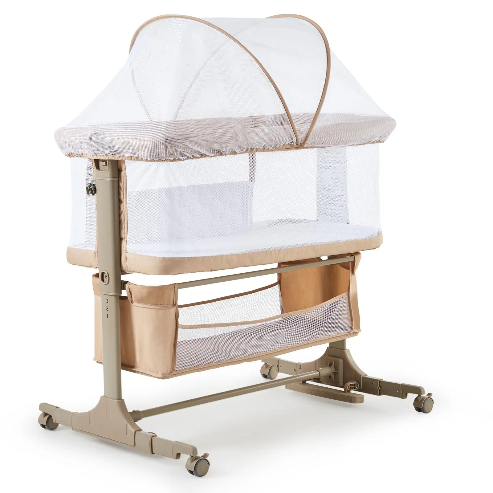 3-in-1 Portable Bassinet Bedside Sleeper - Foldable, Co-Sleep Safe, Breathable Mesh Detachable Mosquito Net, Storage Basket, Adjustable Height, Wheels, Convertible Cribs, Multi-Functional Indoor Baby Furniture