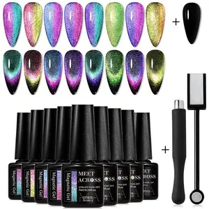 MEET ACROSS 9D Rainbow Magnetic Gel Nail Polish Set, 11pcs Starry Sky Effect Cat Eye Nail Gel Semi Permanent Long-Lasting, Soak Off UV Gel for Nail Manicure, Easy To Apply, Suitable for Nail Art DIY and Salon Use