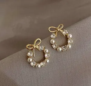 Women's Golden-Tone Mini Hoop Earrings - Bow, Pearl & Rhinestone Accents, Dainty Costume Jewelry Gift for Women, Earrings Gold Hoops