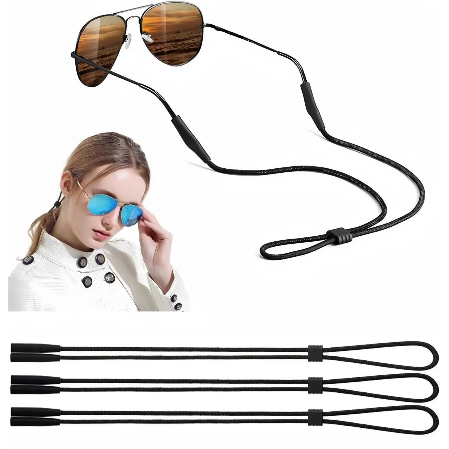 3-Pack Stainless Steel Glasses Chains for Men Women, Adjustable Link Chain Eyewear Retainer for Beach & Business Use, Adjustable Length, Retains Glasses, Glasses Chain & Lanyards