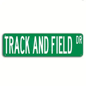 1pc 2D Flat Track and Field Metal Sign - Waterproof Wall Decor for Home, Bar, Cafe, Garage - English Text, 16"x4" Iron Poster with Green Background and White Letters, Sports Wall Art |   Retro Style Sign |   Durable Metal Sign, Track and Field Decor