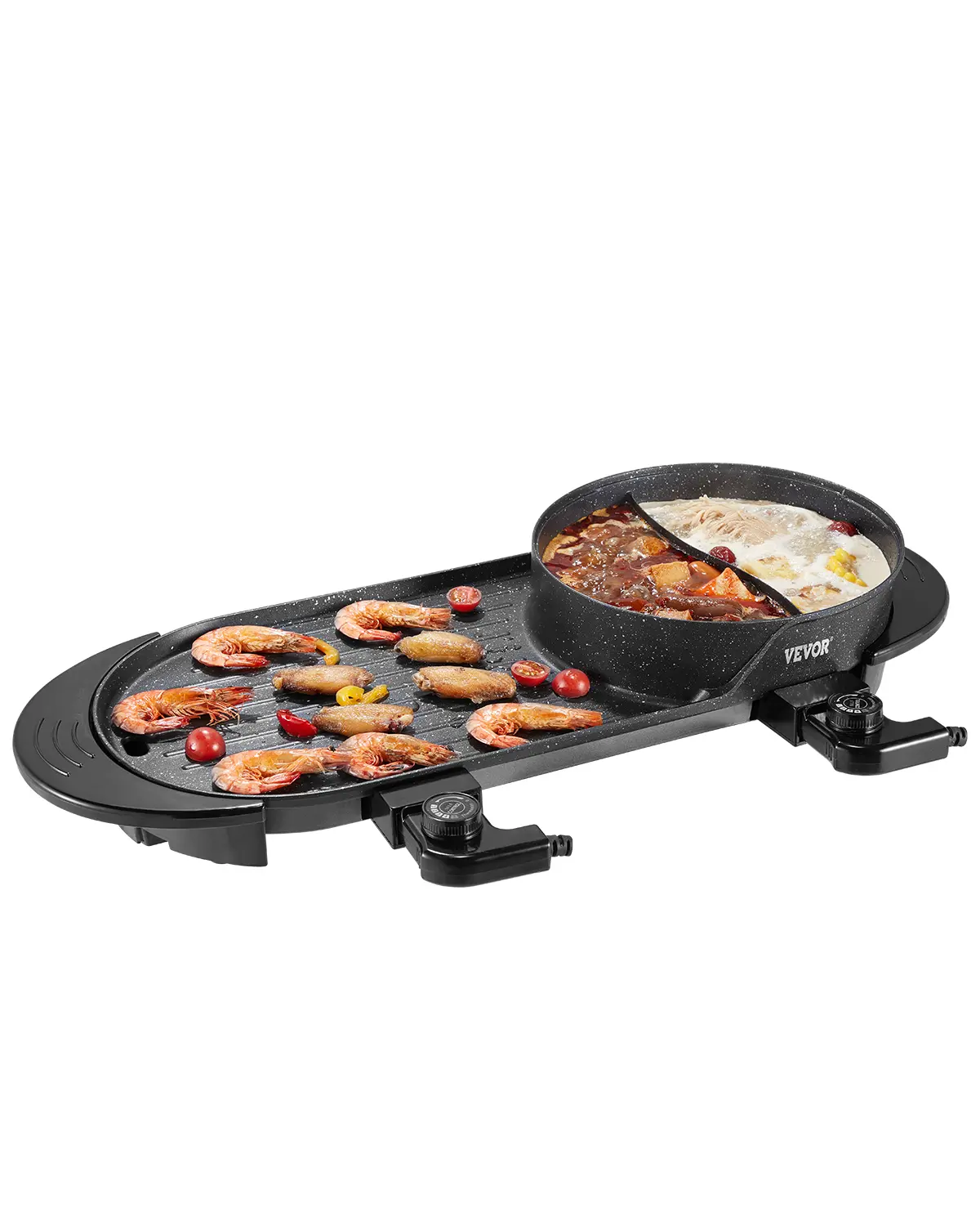 VEVOR Hot Pot with Grill, 2200W 2-in-1 Electric Smokeless Grill and Hot Pot, Korean BBQ Shabu Shabu Hotpot with Separate Dual Temperature Control, Non-stick Pan, for 1-6 People Family Dinning