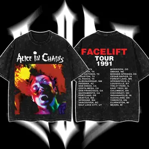 [MusicStyle] Alice In Chains Facelift Tour 1991 Oversized Washed T-Shirt 100% Premium Cotton Unisex Heavyweight Rock Band Tee Gift for Gothic