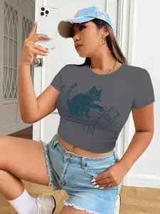 Cartoon Cat Graphic Printed Women's  Casual Slim-Fit Short Sleeve Crop Top, Round Neck T-Shirt,Perfect for Daily Wear & Summer