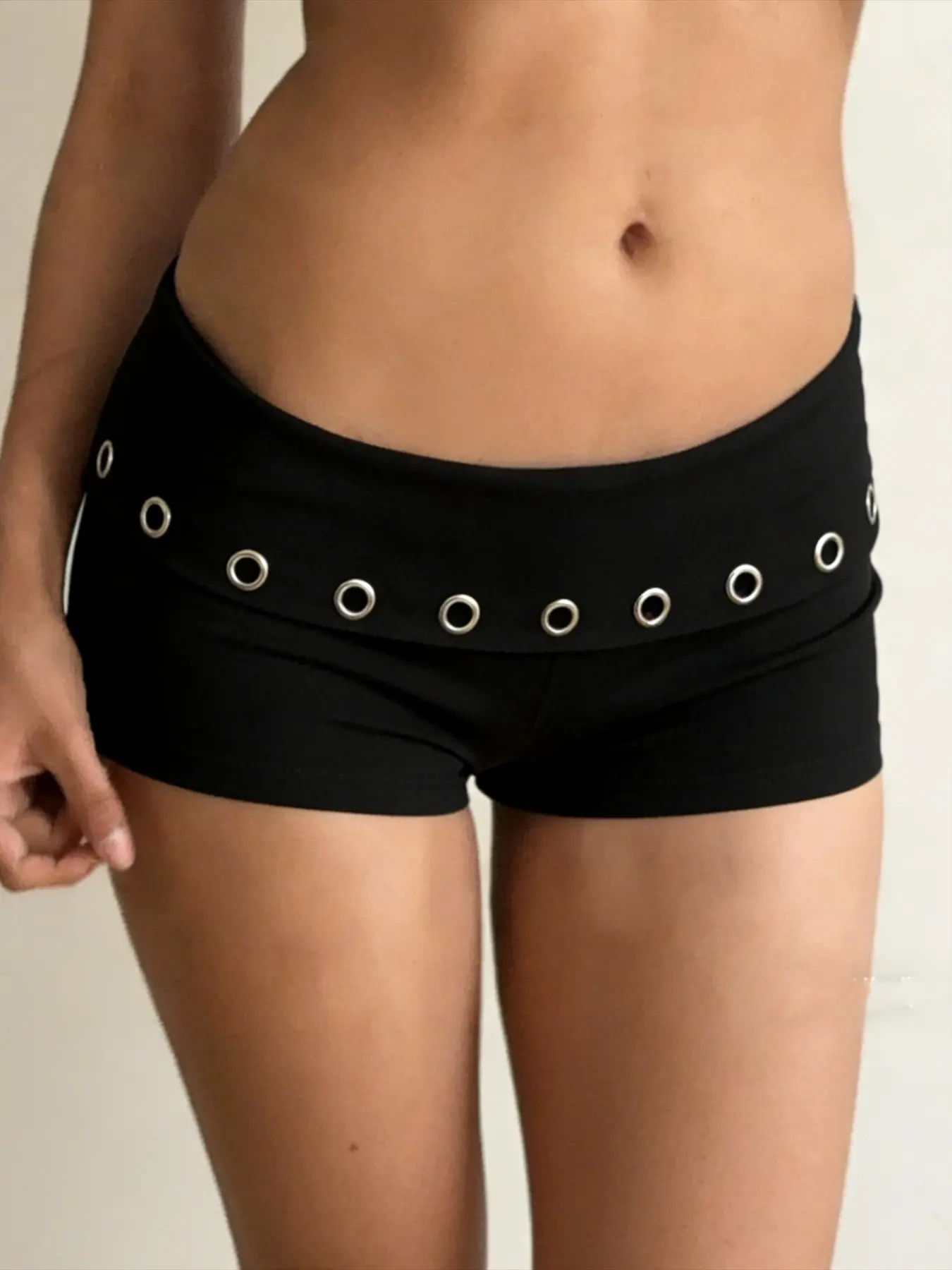 Streetwear Metal Eyelet Detail Y2K Shorts for Women, Fold-Over Waistband Low-Waisted Shorts, Sexy Slim-Fitting Casual Shorts, Elastic Waist