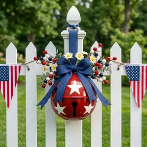 4th of July Red White Blue Bell Door Hanger - Patriotic Star Jingle Bell Wreath with Flowers, Independence Day Front Door Decoration, Festive Hanging Ornament for Home Porch Party