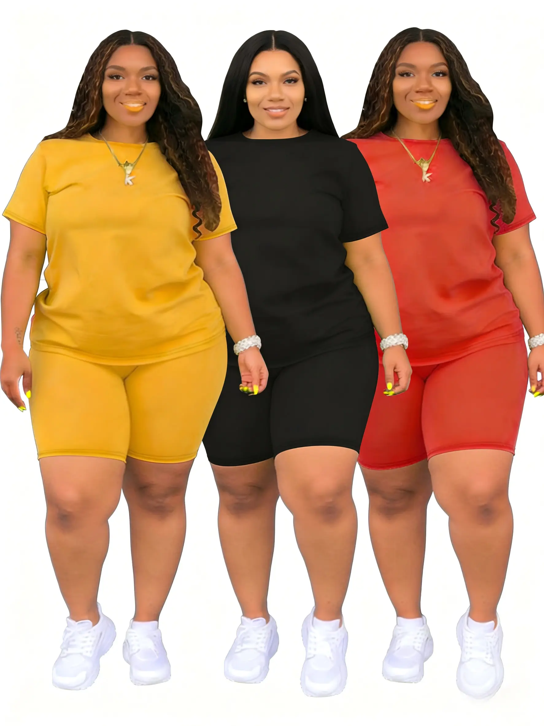 2025 Summer Plus Size 2-Piece Set Women's Crewneck Short Sleeve Top & Shorts Solid Color Breathable Casual Sportswear Suits Lightweight Compression Activewear Yoga Tracksuit Set Workout Set