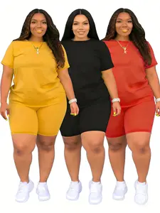 2025 Summer Plus Size 2-Piece Set Women's Crewneck Short Sleeve Top & Shorts Solid Color Breathable Casual Sportswear Suits Lightweight Compression Activewear